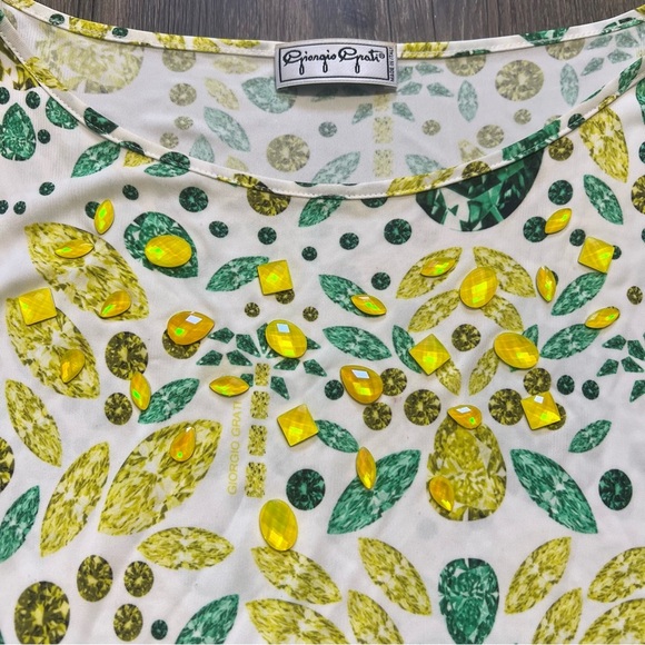 Giorgio Grati Vtg White Green Leaves Pattern Bedazzled Sleeveless Viscose Top XL - Picture 8 of 14